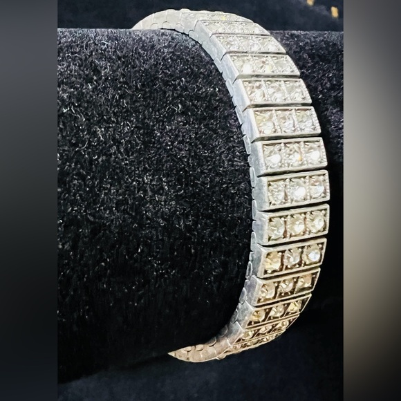 Vintage Sterling Silver Art Dec Diamond Bar Cubic Zirconia Box Clasp Bracelet - Picture 8 of 8